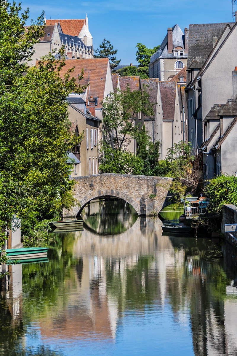 Scenic view of Eure River banks and houses in Historic Center of Chartres